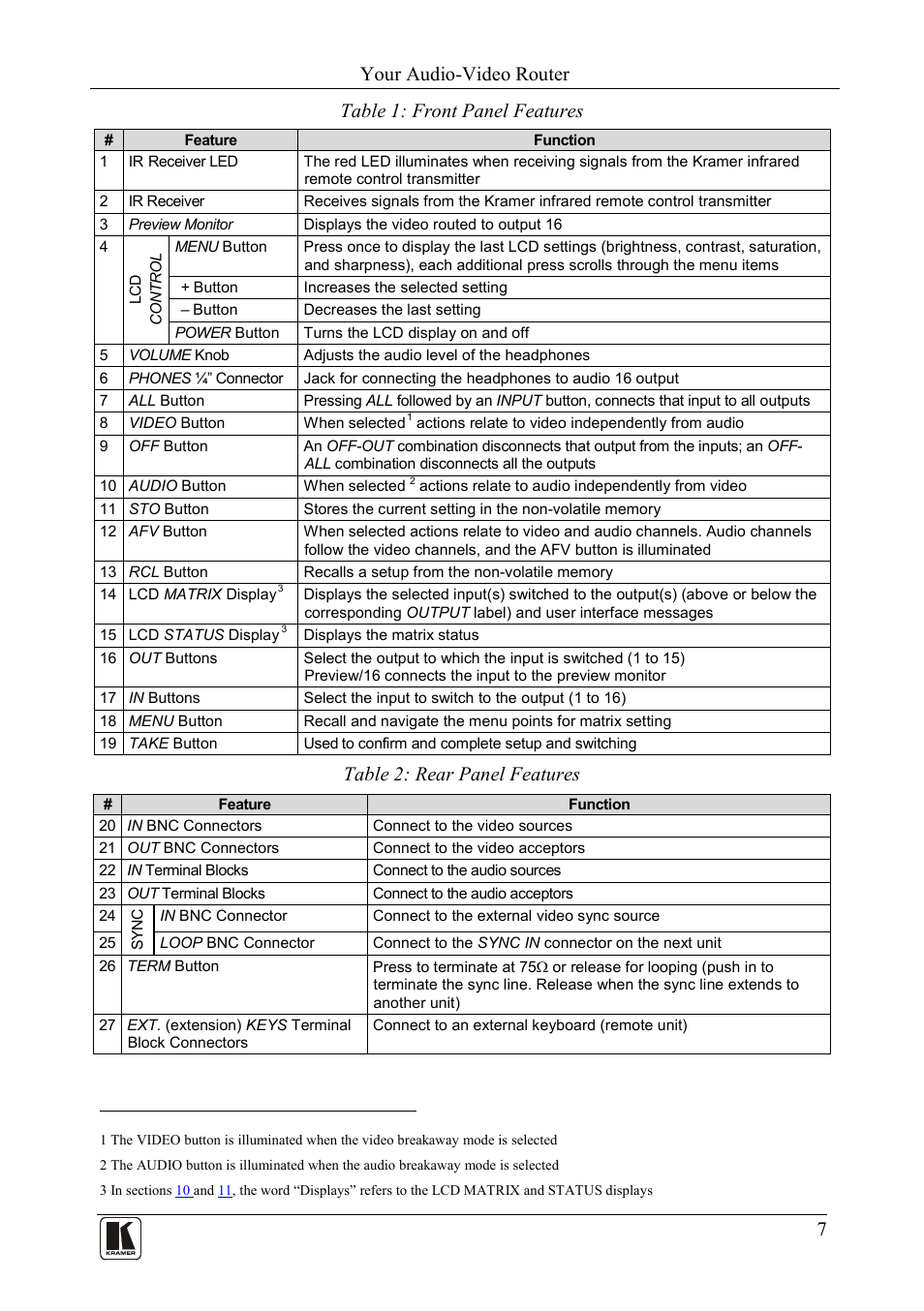 Table 1: front panel features, Table 2: rear panel features, Table 1 | Table 2, Your audio-video router, 7table 1: front panel features | Kramer Electronics VS-162AVM User Manual | Page 11 / 56