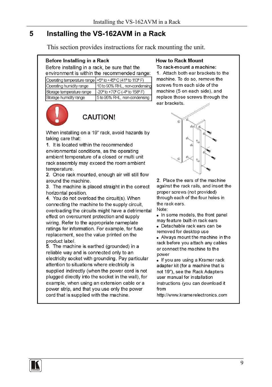 5 installing the vs-162avm in a rack, Installing the vs-162avm in a rack | Kramer Electronics VS-162AVM User Manual | Page 13 / 56