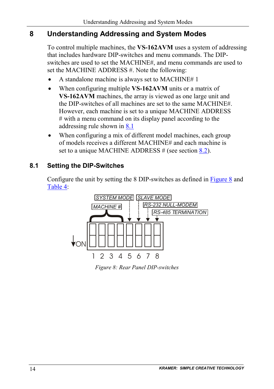 8 understanding addressing and system modes, 1 setting the dip-switches, Understanding addressing and system modes | Setting the dip-switches, Figure 8: rear panel dip-switches | Kramer Electronics VS-162AVM User Manual | Page 18 / 56