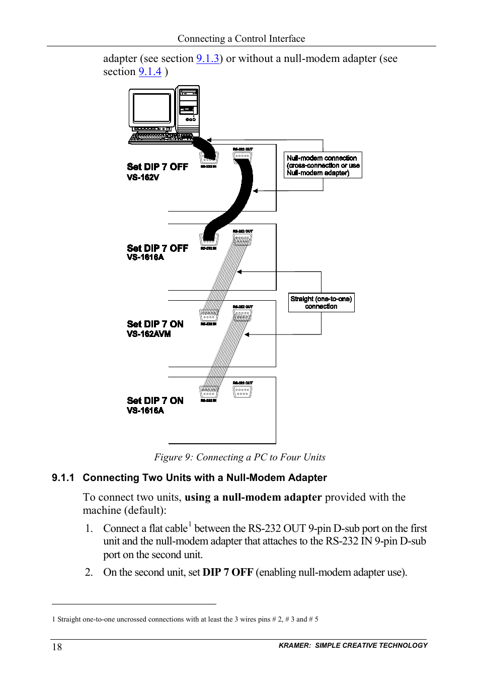 1 connecting two units with a null-modem adapter, Connecting two units with a null-modem adapter, Figure 9: connecting a pc to four units | Figure 9 | Kramer Electronics VS-162AVM User Manual | Page 22 / 56