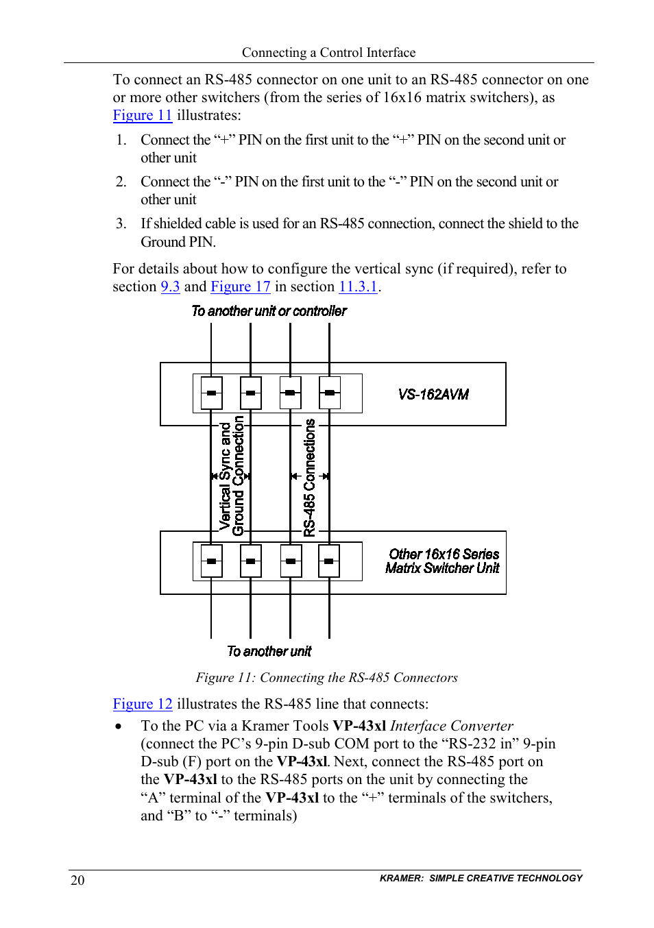 Figure 11: connecting the rs-485 connectors | Kramer Electronics VS-162AVM User Manual | Page 24 / 56