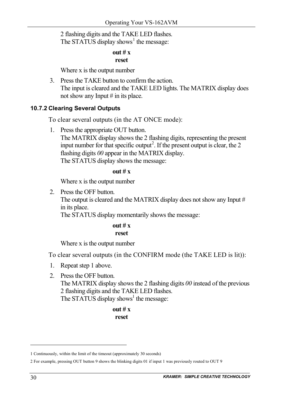 2 clearing several outputs, Clearing several outputs | Kramer Electronics VS-162AVM User Manual | Page 34 / 56