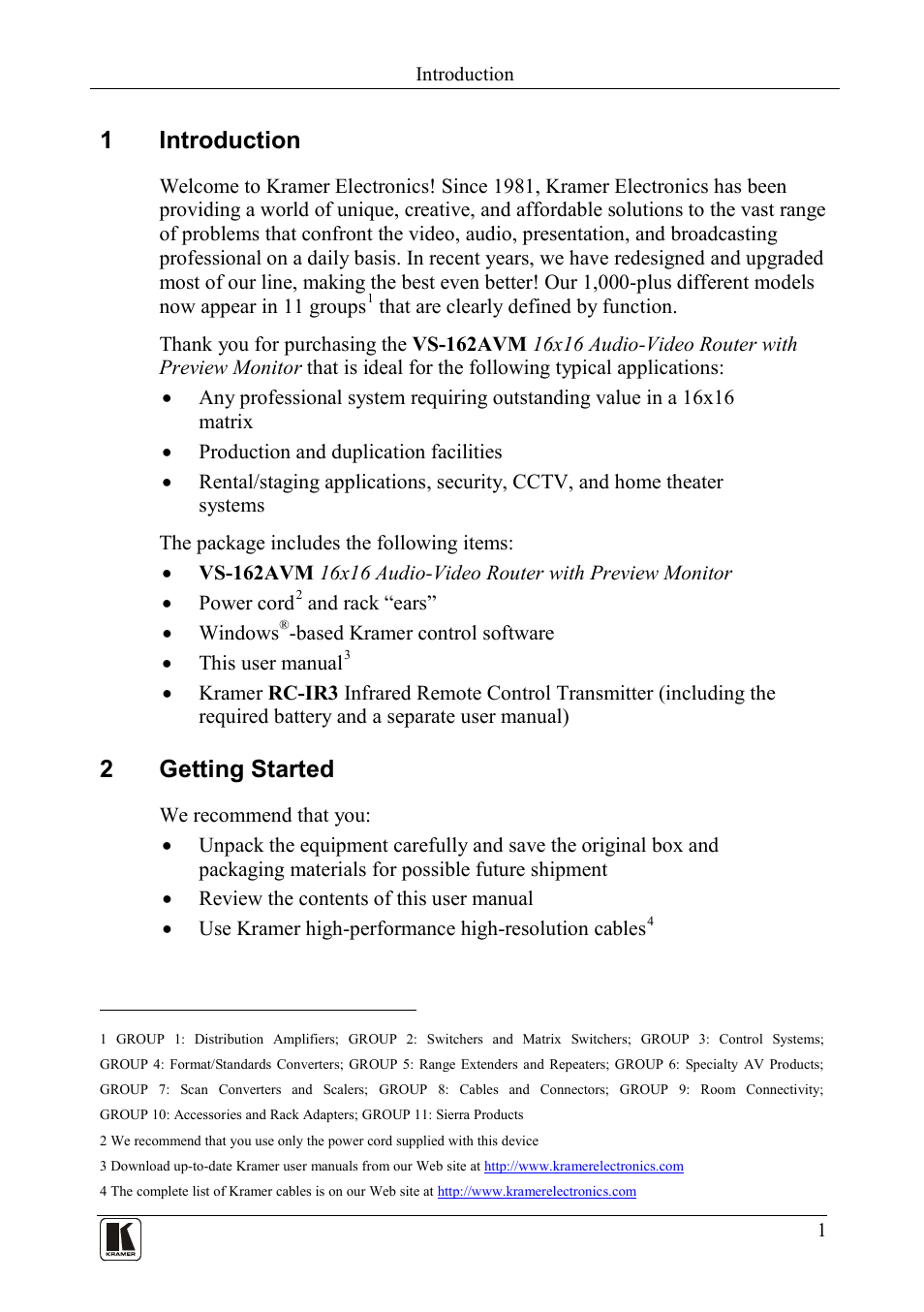 1 introduction, 2 getting started, Introduction | Getting started, 1introduction, 2getting started | Kramer Electronics VS-162AVM User Manual | Page 5 / 56