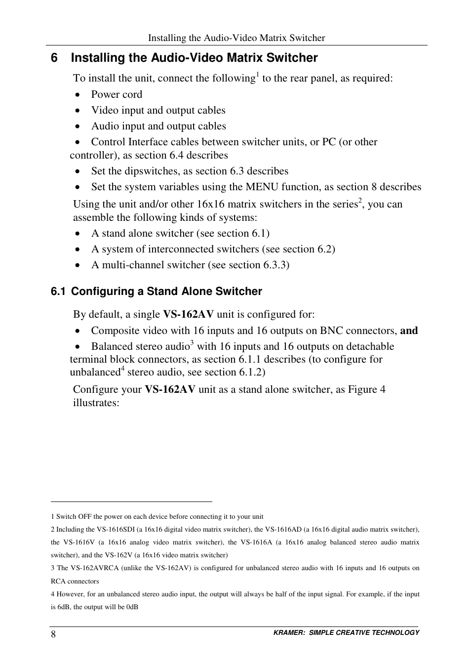 6 installing the audio-video matrix switcher | Kramer Electronics VS-162AVRCA User Manual | Page 12 / 53