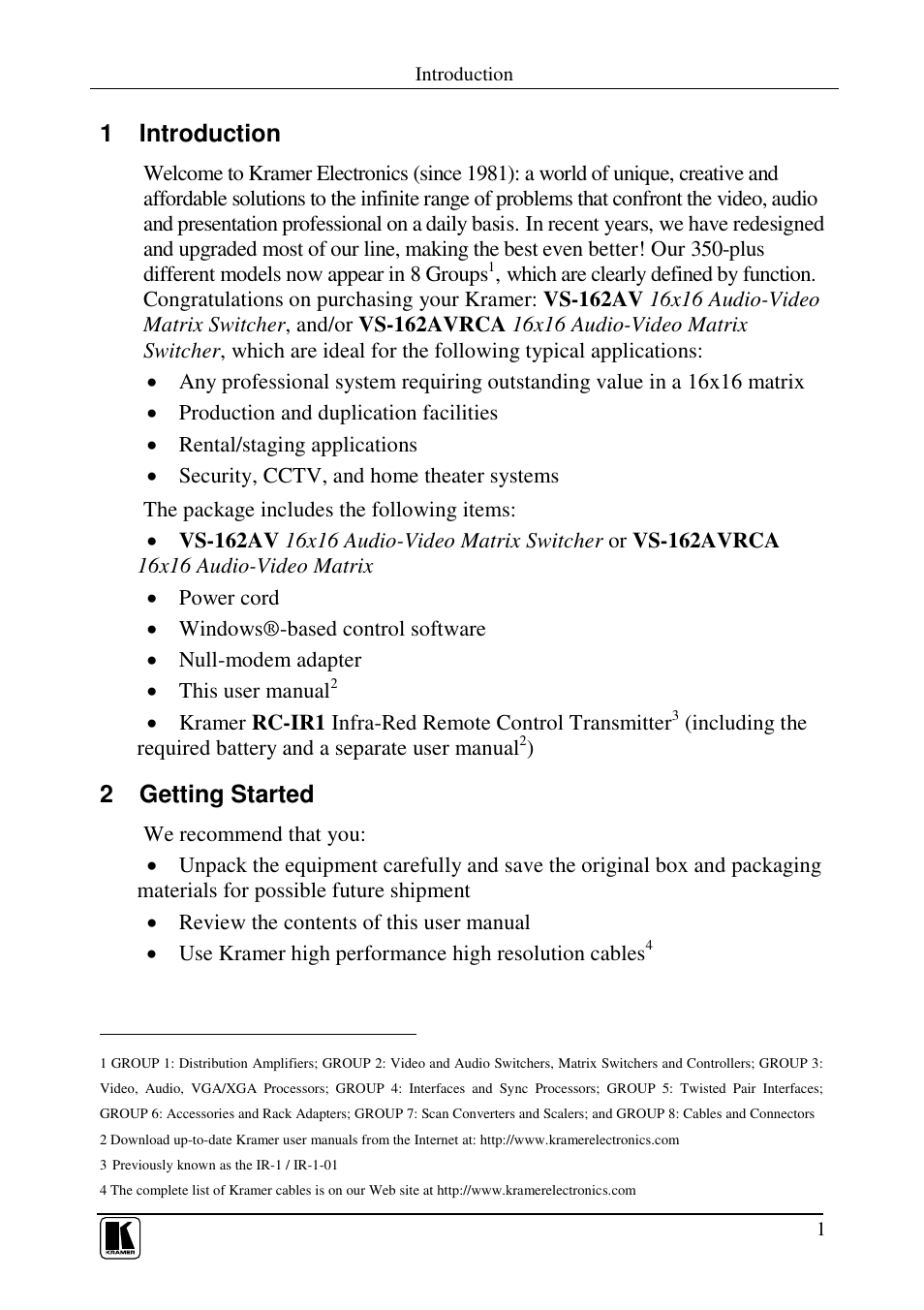 1 introduction, 2 getting started | Kramer Electronics VS-162AVRCA User Manual | Page 5 / 53