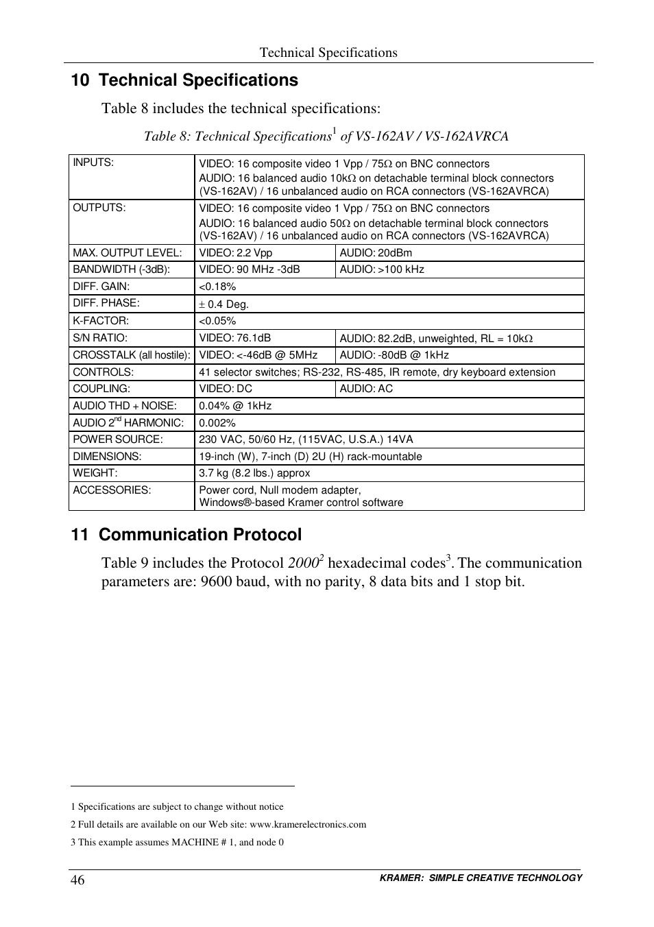 10 technical specifications, 11 communication protocol, Table 8 includes the technical specifications | Hexadecimal codes, Technical specifications, Table 8: technical specifications | Kramer Electronics VS-162AVRCA User Manual | Page 50 / 53