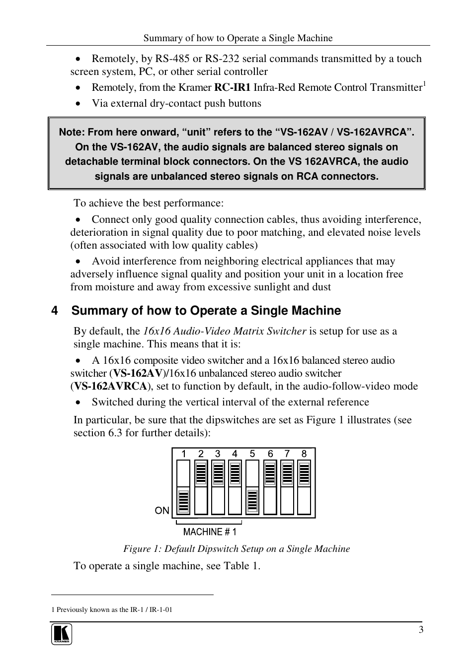 4 summary of how to operate a single machine | Kramer Electronics VS-162AVRCA User Manual | Page 7 / 53