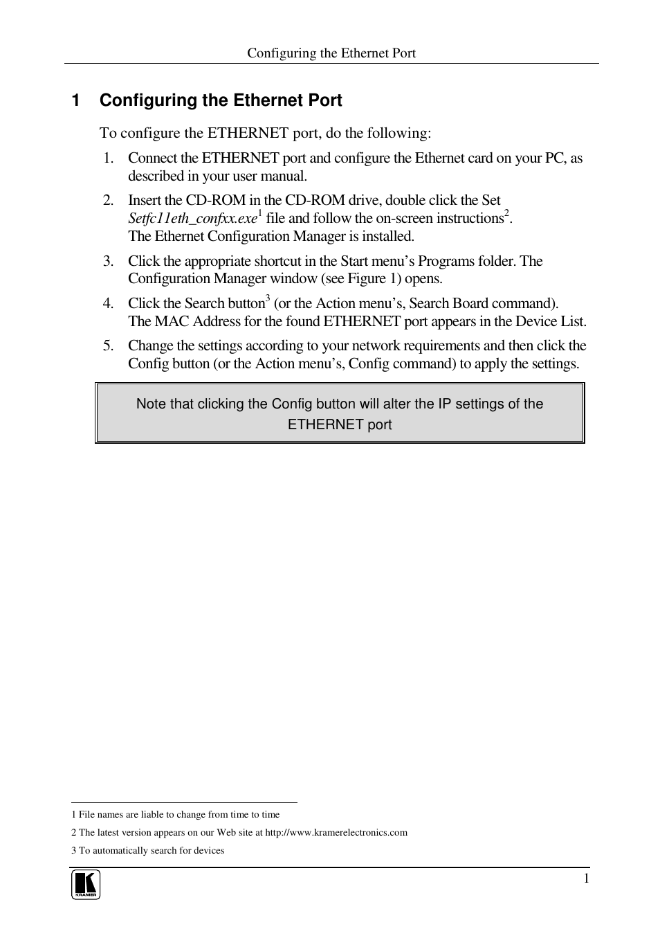 1 configuring the ethernet port | Kramer Electronics VS-169TP User Manual | Page 3 / 7