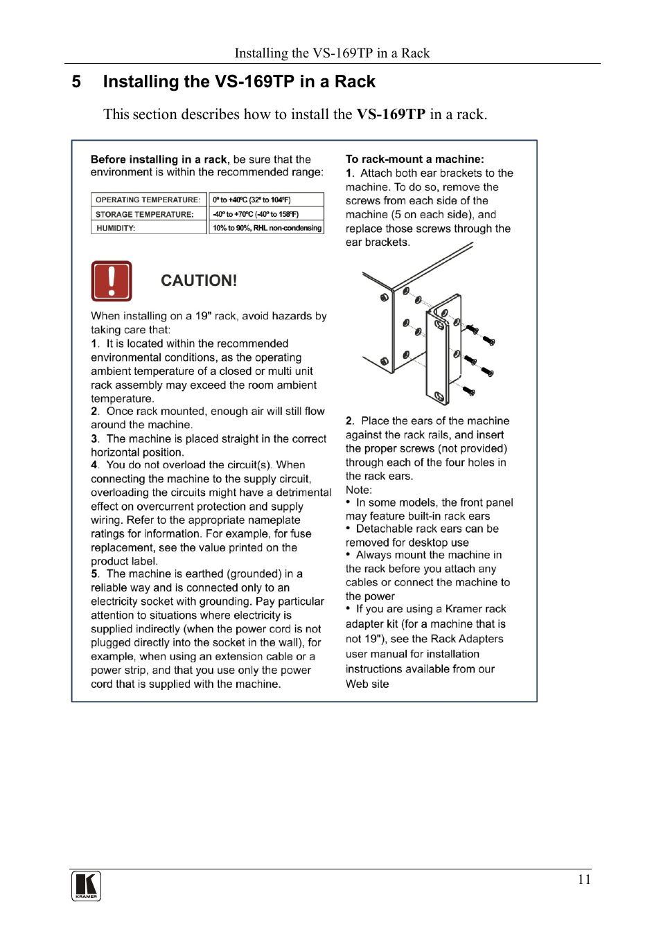 5 installing the vs-169tp in a rack, Installing the vs-169tp in a rack | Kramer Electronics VS-169TP User Manual | Page 15 / 45