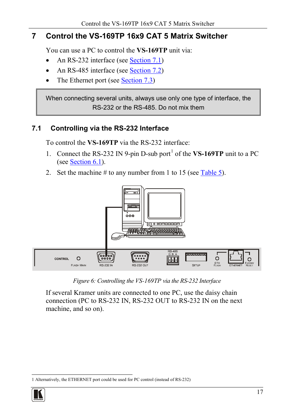 7 control the vs-169tp 16x9 cat 5 matrix switcher, 1 controlling via the rs-232 interface, Control the vs-169tp 16x9 cat 5 matrix switcher | Controlling via the rs-232 interface | Kramer Electronics VS-169TP User Manual | Page 21 / 45