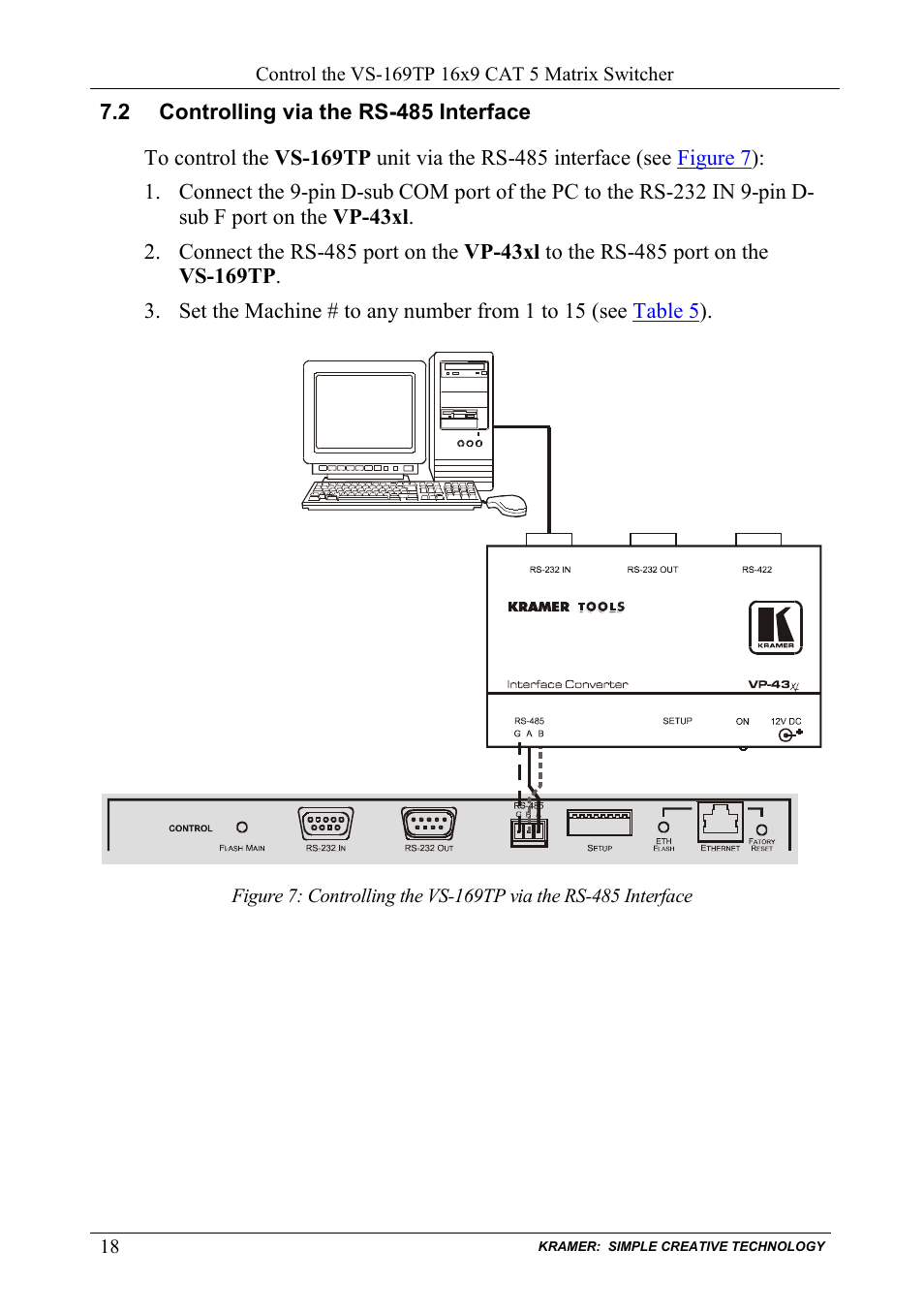 2 controlling via the rs-485 interface, Controlling via the rs-485 interface | Kramer Electronics VS-169TP User Manual | Page 22 / 45