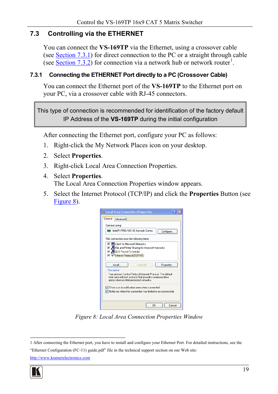 3 controlling via the ethernet, Controlling via the ethernet, Figure 8: local area connection properties window | Kramer Electronics VS-169TP User Manual | Page 23 / 45