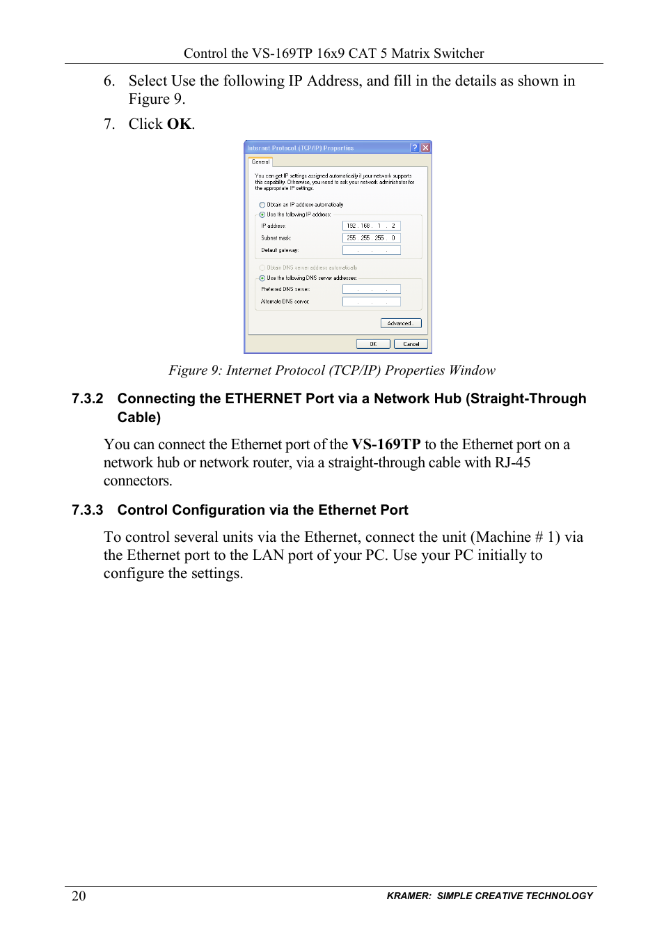 3 control configuration via the ethernet port, Control configuration via the ethernet port | Kramer Electronics VS-169TP User Manual | Page 24 / 45