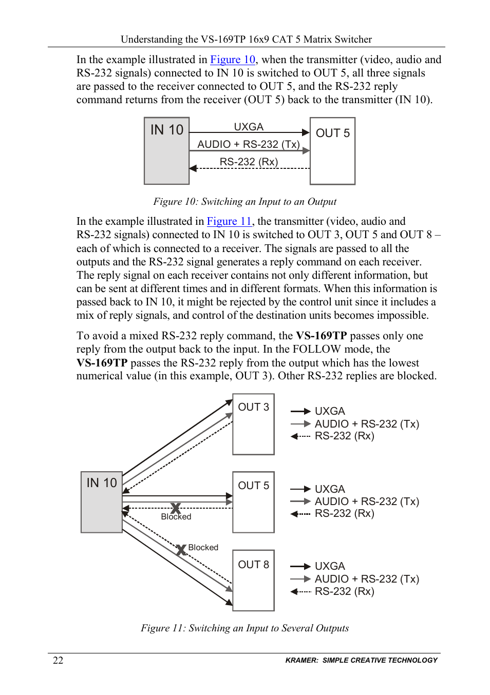 Figure 10: switching an input to an output, Figure 11: switching an input to several outputs | Kramer Electronics VS-169TP User Manual | Page 26 / 45