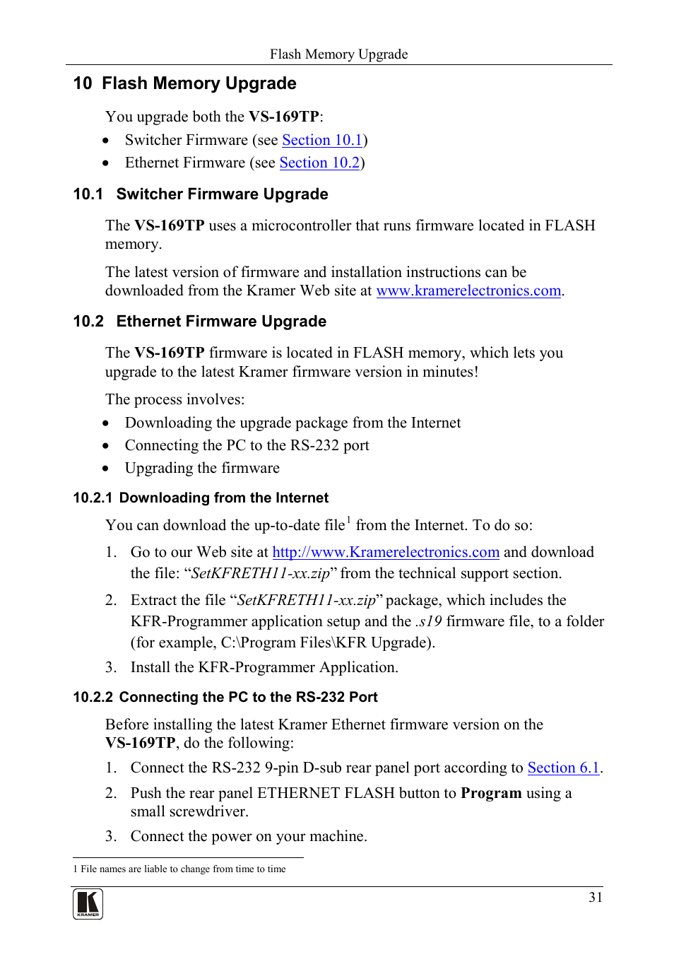 10 flash memory upgrade, 1 switcher firmware upgrade, 2 ethernet firmware upgrade | 1 downloading from the internet, 2 connecting the pc to the rs-232 port, Flash memory upgrade, Switcher firmware upgrade, Ethernet firmware upgrade, Downloading from the internet, Connecting the pc to the rs-232 port | Kramer Electronics VS-169TP User Manual | Page 35 / 45