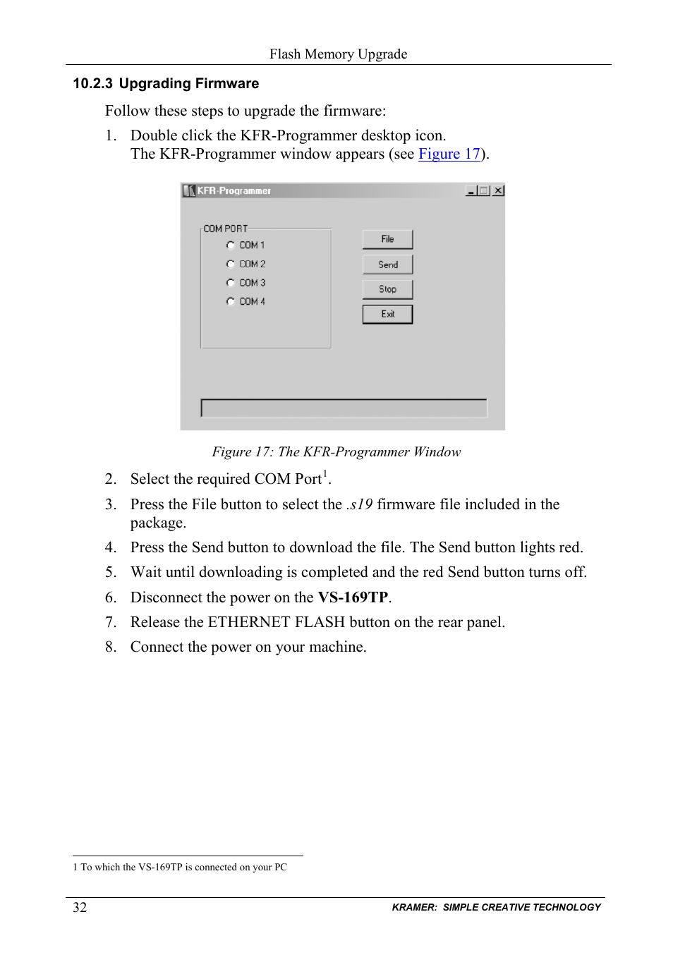 3 upgrading firmware, Upgrading firmware, Figure 17: the kfr-programmer window | Kramer Electronics VS-169TP User Manual | Page 36 / 45