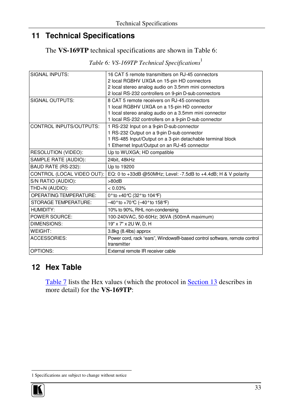 11 technical specifications, 12 hex table | Kramer Electronics VS-169TP User Manual | Page 37 / 45