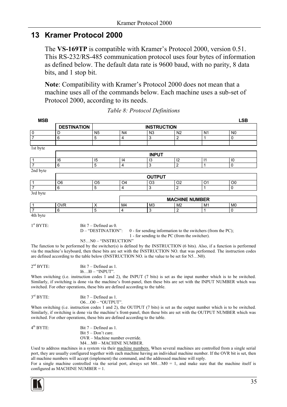 13 kramer protocol 2000, Kramer protocol 2000, Table 8: protocol definitions | Section 13 | Kramer Electronics VS-169TP User Manual | Page 39 / 45