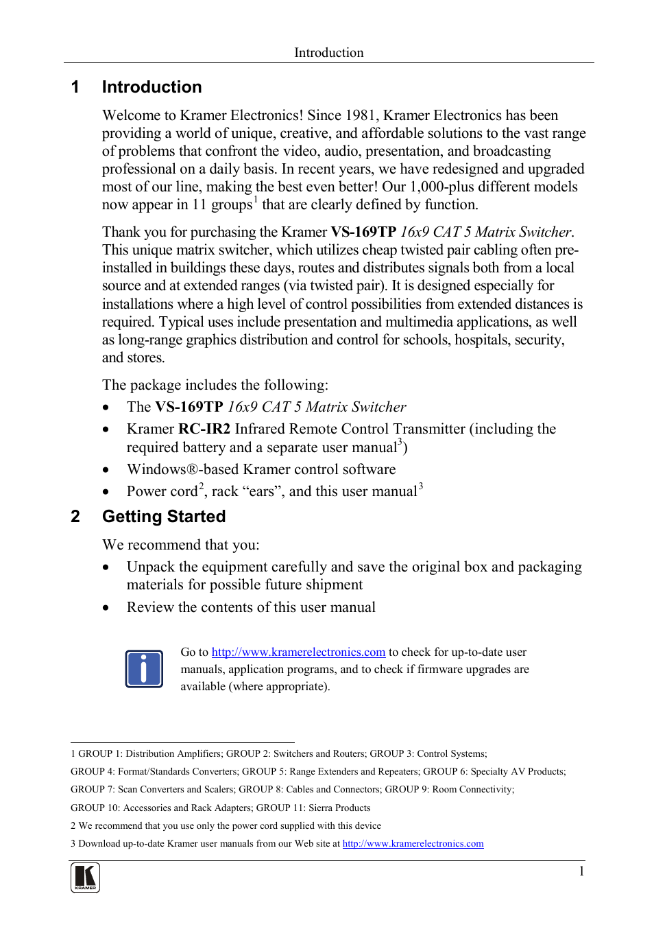 1 introduction, 2 getting started, Introduction | Getting started | Kramer Electronics VS-169TP User Manual | Page 5 / 45