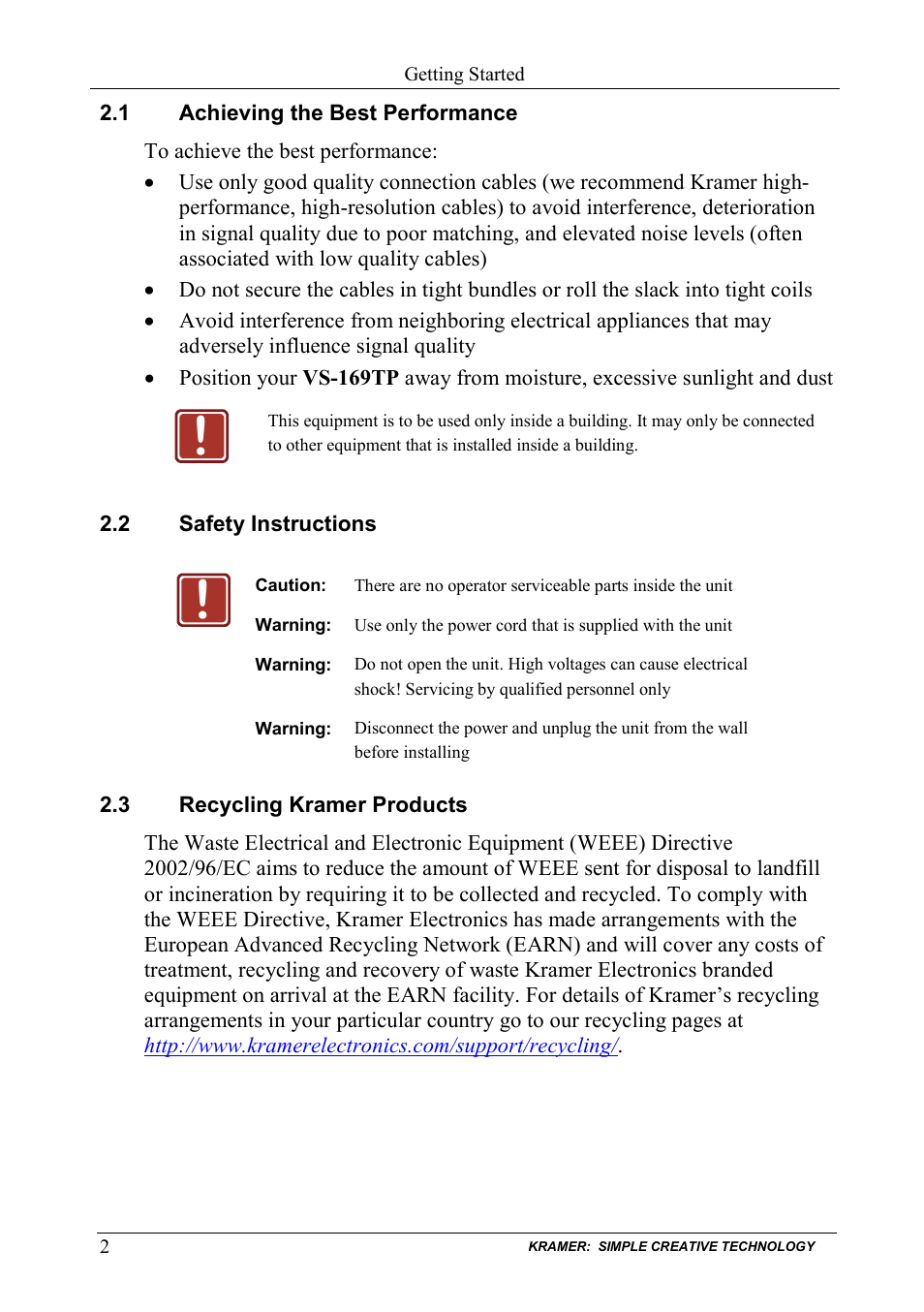 1 achieving the best performance, 2 safety instructions, 3 recycling kramer products | Achieving the best performance, Safety instructions, Recycling kramer products | Kramer Electronics VS-169TP User Manual | Page 6 / 45