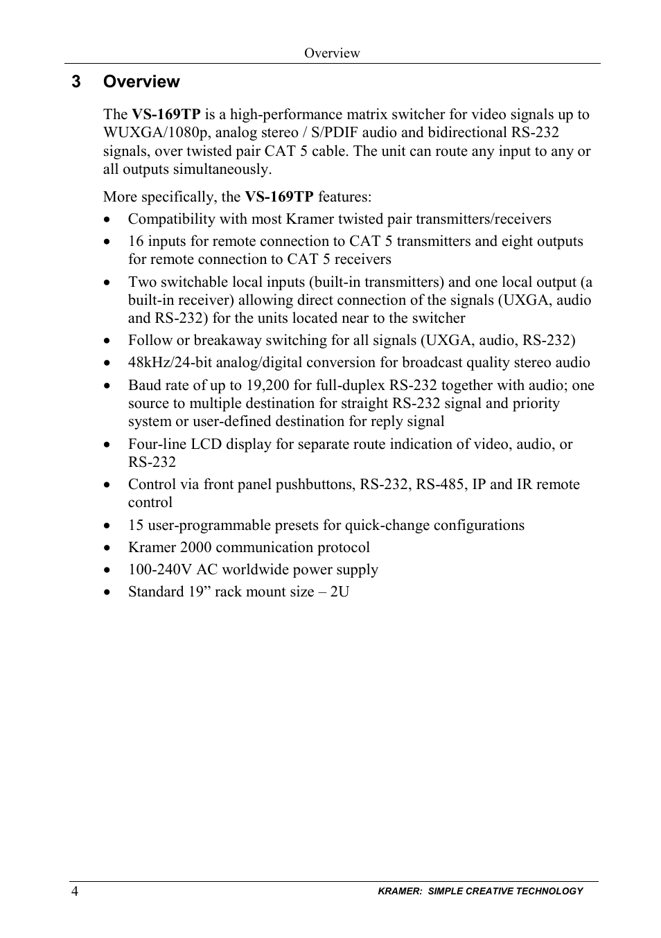 3 overview, Overview | Kramer Electronics VS-169TP User Manual | Page 8 / 45