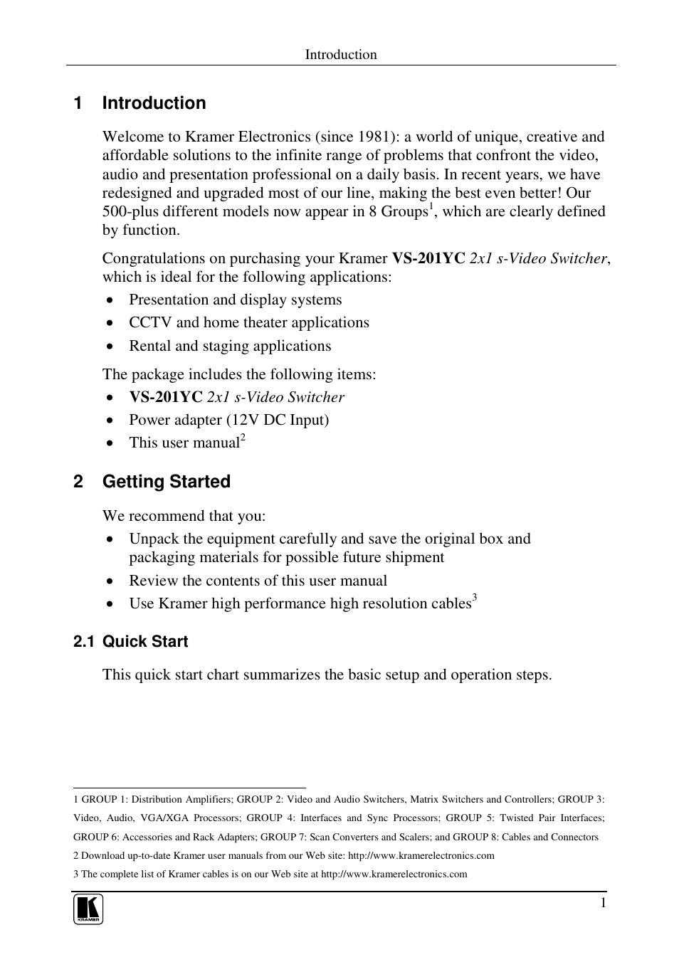 1 introduction, 2 getting started | Kramer Electronics VS-201YC User Manual | Page 3 / 23