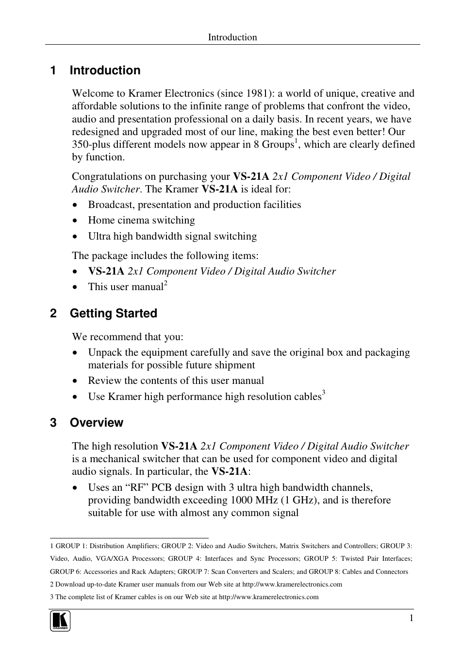 1 introduction, 2 getting started, 3 overview | Kramer Electronics VS-21A User Manual | Page 3 / 9