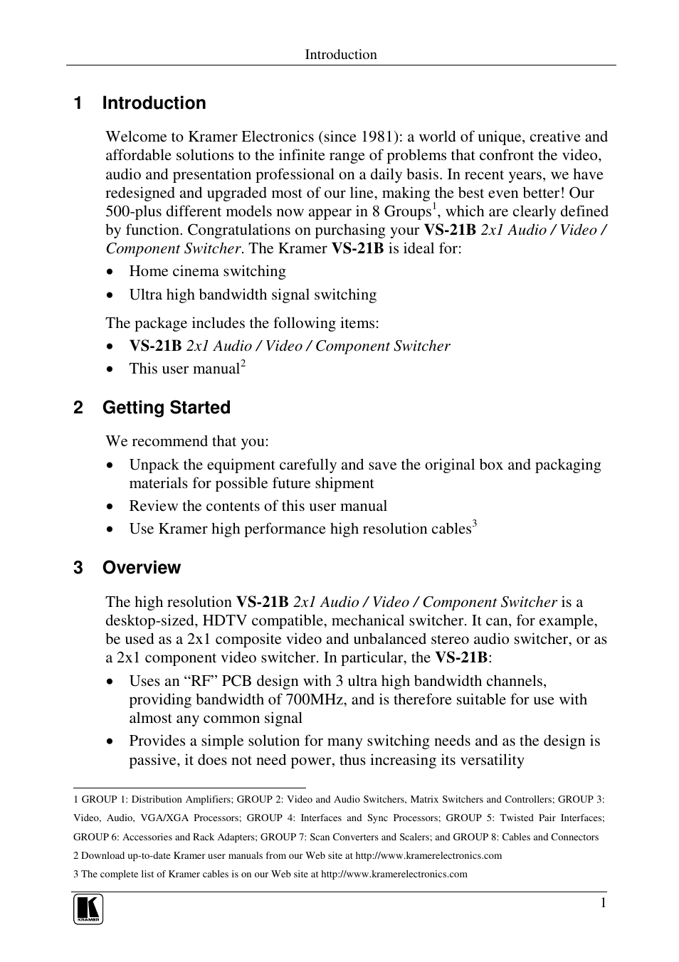 1 introduction, 2 getting started, 3 overview | Kramer Electronics VS-21B User Manual | Page 3 / 9
