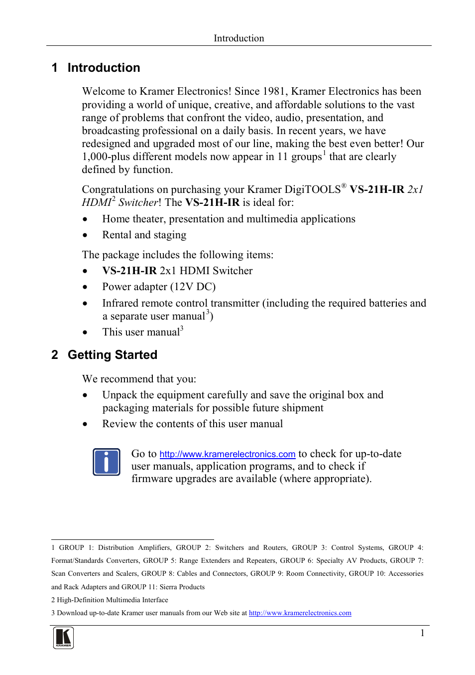1 introduction, 2 getting started, Introduction | Getting started | Kramer Electronics VS-21H-IR User Manual | Page 3 / 13