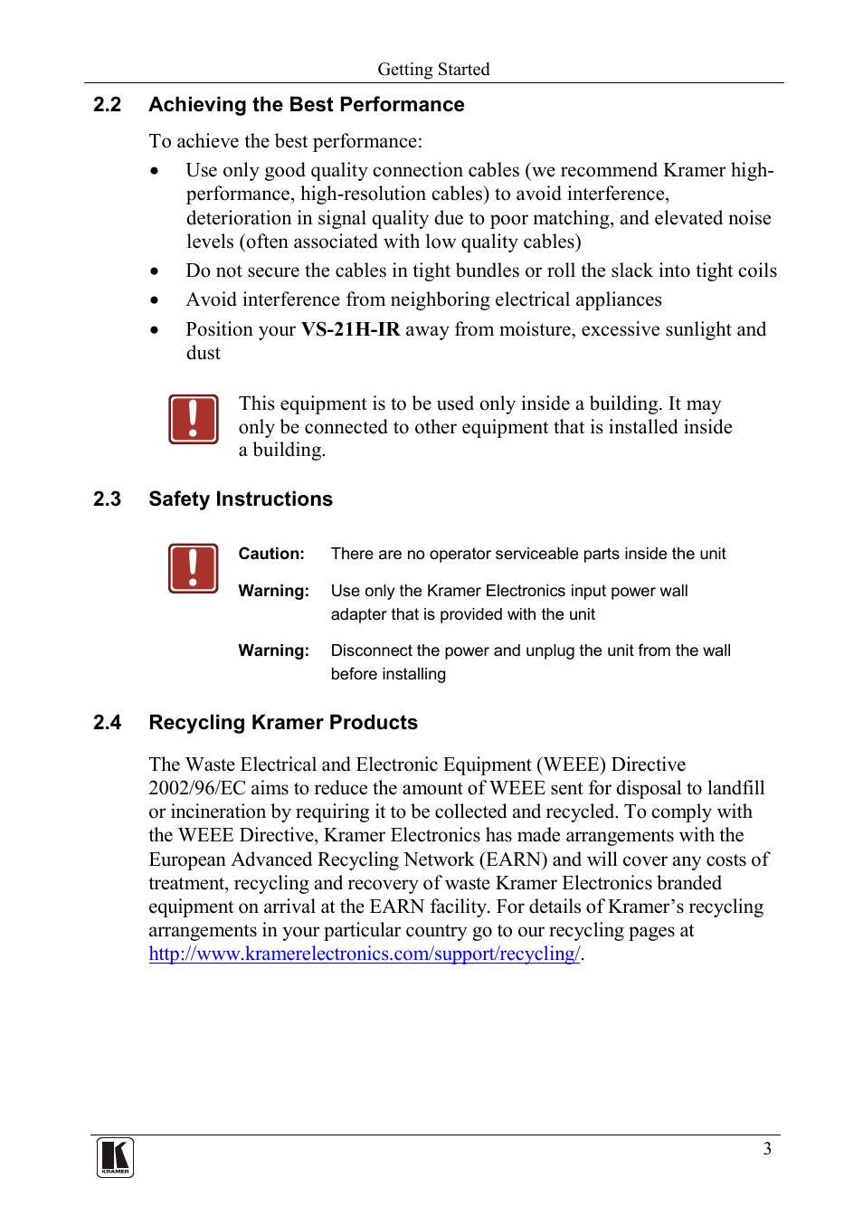 2 achieving the best performance, 3 safety instructions, 4 recycling kramer products | Achieving the best performance, Safety instructions, Recycling kramer products | Kramer Electronics VS-21H-IR User Manual | Page 5 / 13