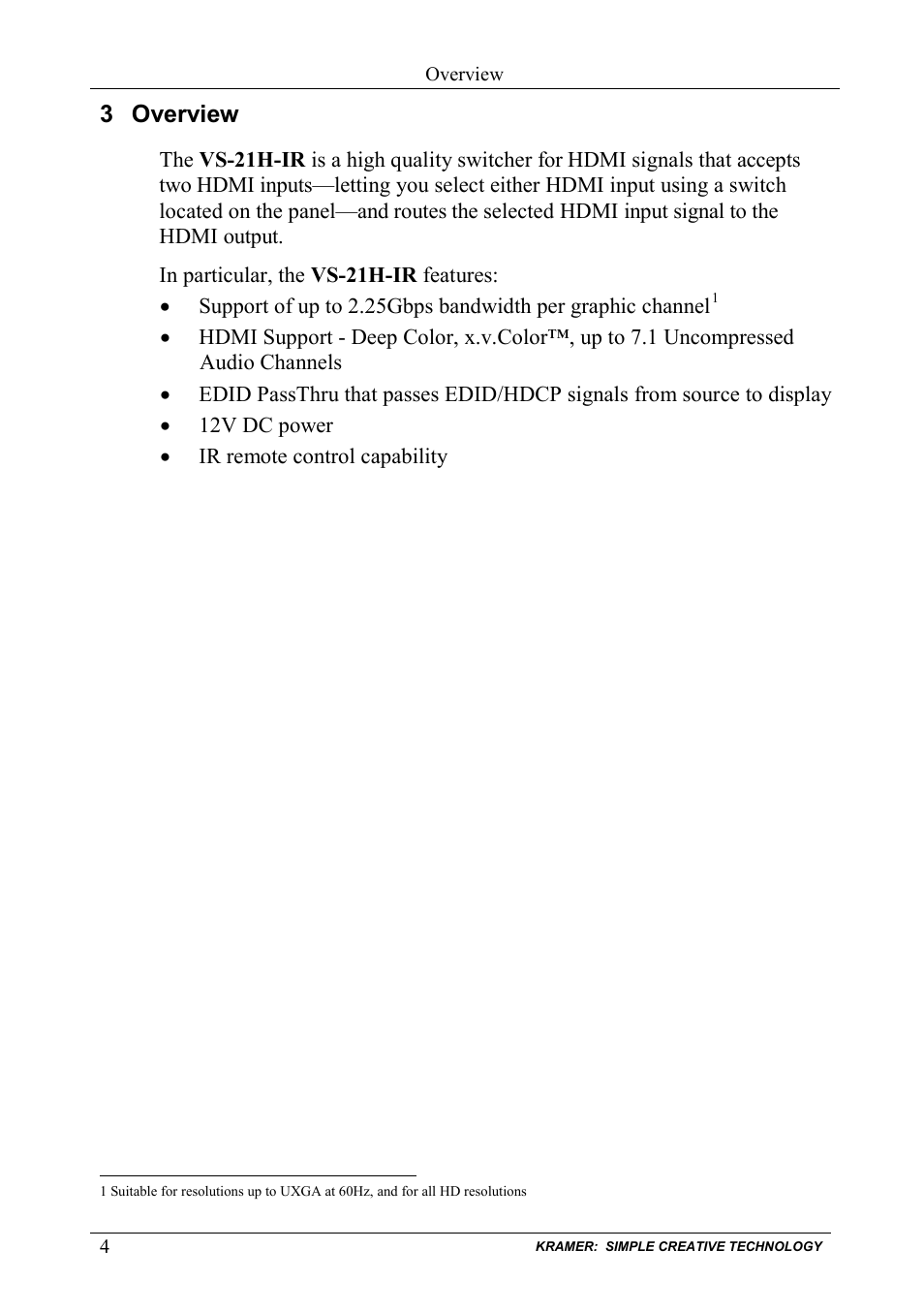 3 overview, Overview | Kramer Electronics VS-21H-IR User Manual | Page 6 / 13