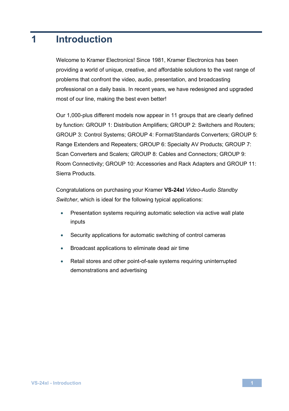 1 introduction, Introduction | Kramer Electronics VS-24xl User Manual | Page 4 / 14