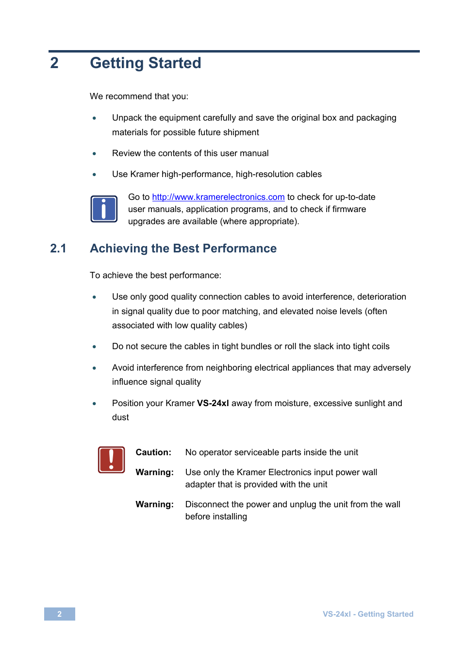 2 getting started, 1 achieving the best performance, Getting started | Achieving the best performance | Kramer Electronics VS-24xl User Manual | Page 5 / 14