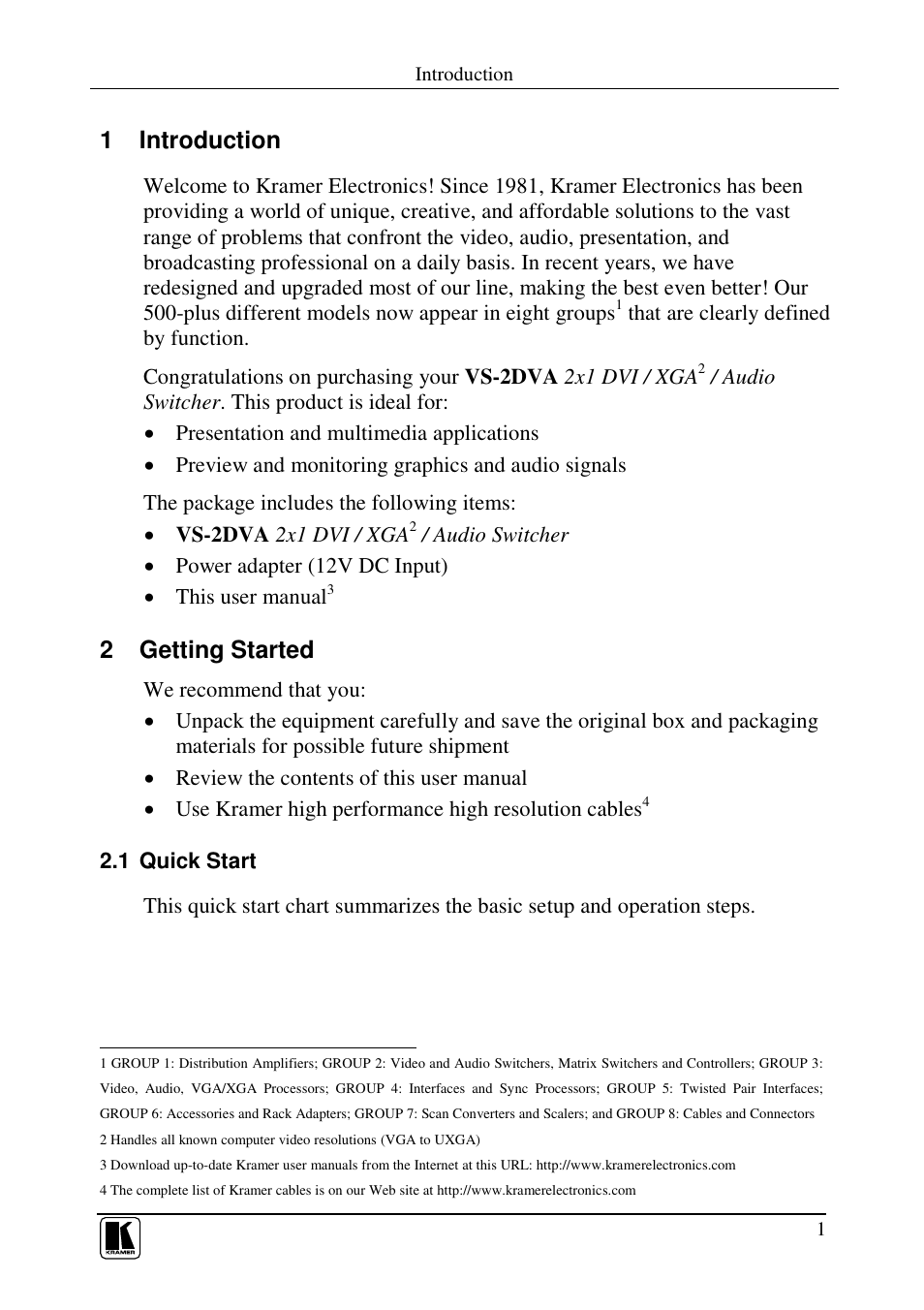 1 introduction, 2 getting started | Kramer Electronics VS-2DVA User Manual | Page 3 / 13