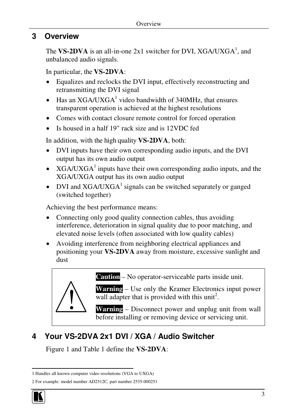 3 overview, 4 your vs-2dva 2x1 dvi / xga / audio switcher | Kramer Electronics VS-2DVA User Manual | Page 5 / 13