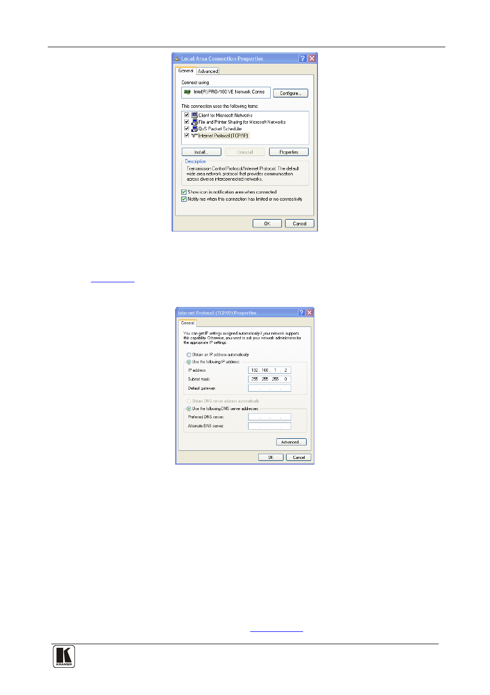 3 control configuration via the ethernet port, Control configuration via the ethernet port, Figure 19: local area connection properties window | Figure 19 | Kramer Electronics VS-3232A User Manual | Page 32 / 70