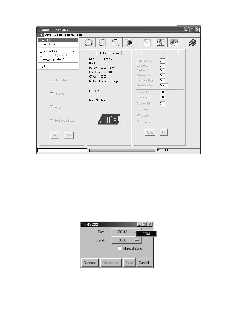 Figure 27: loading the hex, Figure 28: rs-232 window | Kramer Electronics VS-3232A User Manual | Page 53 / 70