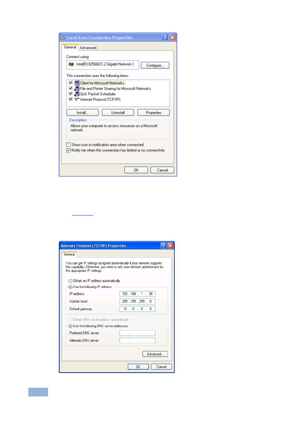 Figure 7: local area connection properties window, Figure | Kramer Electronics VS-3232DN User Manual | Page 20 / 80