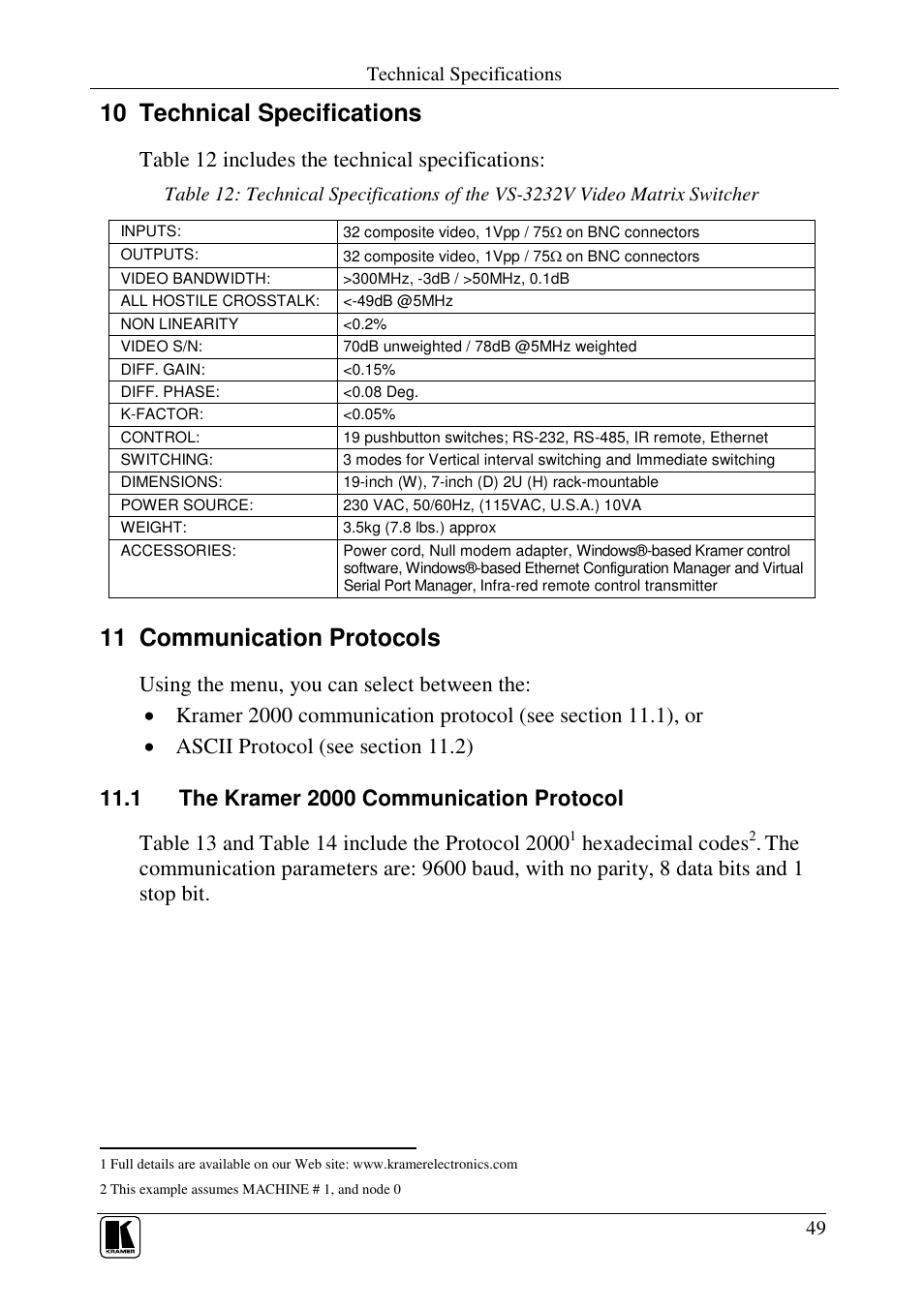 10 technical specifications, 11 communication protocols, Table 12 includes the technical specifications | Hexadecimal codes | Kramer Electronics VS-3232V User Manual | Page 53 / 60