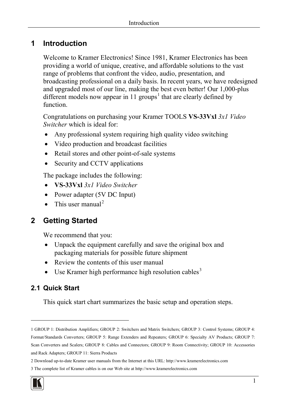 1 introduction, 2 getting started, 1 quick start | Introduction, Getting started, Quick start | Kramer Electronics VS-33Vxl User Manual | Page 3 / 11