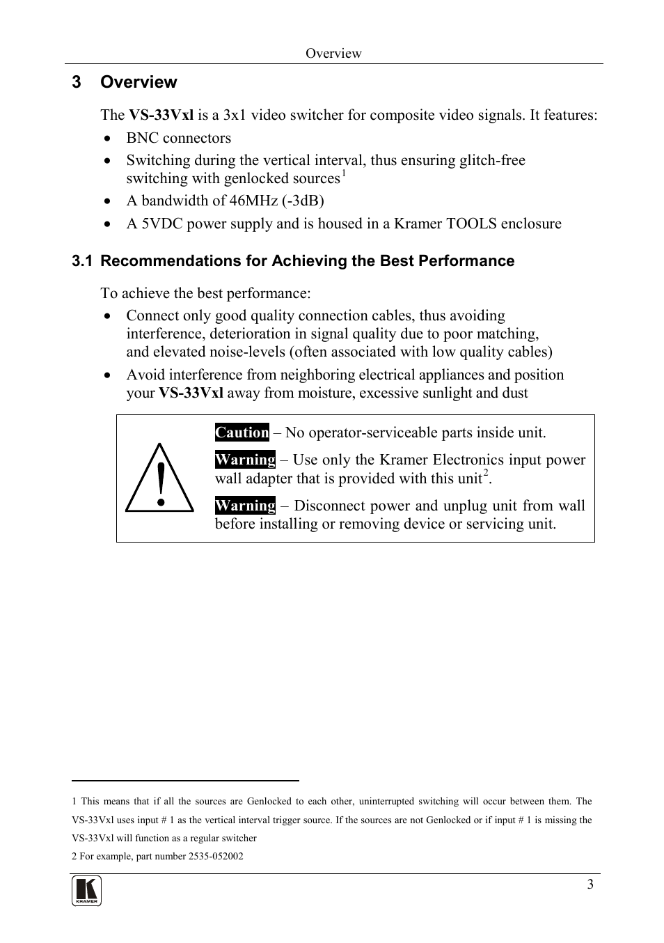 3 overview, Overview, Recommendations for achieving the best performance | Kramer Electronics VS-33Vxl User Manual | Page 5 / 11