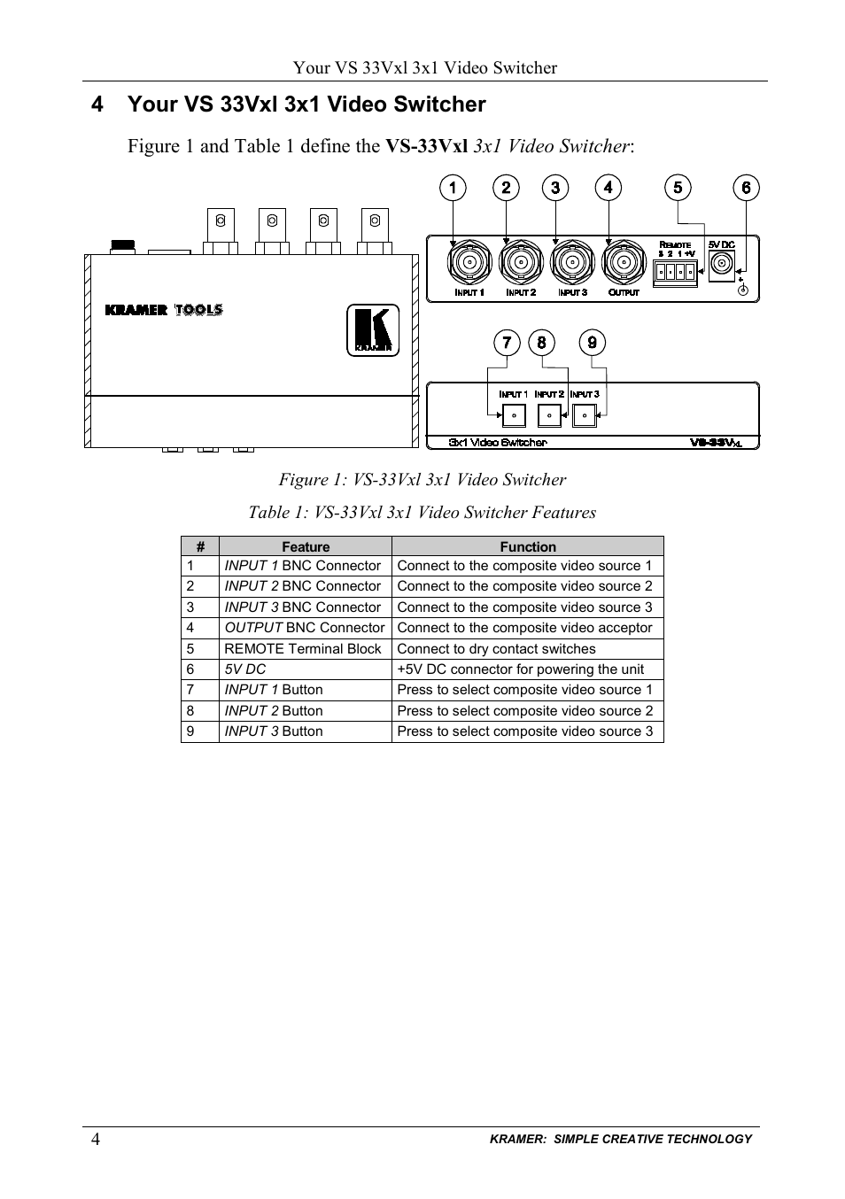 4 your vs 33vxl 3x1 video switcher, Your vs 33vxl 3x1 video switcher, Figure 1: vs-33vxl 3x1 video switcher | Table 1: vs-33vxl 3x1 video switcher features | Kramer Electronics VS-33Vxl User Manual | Page 6 / 11