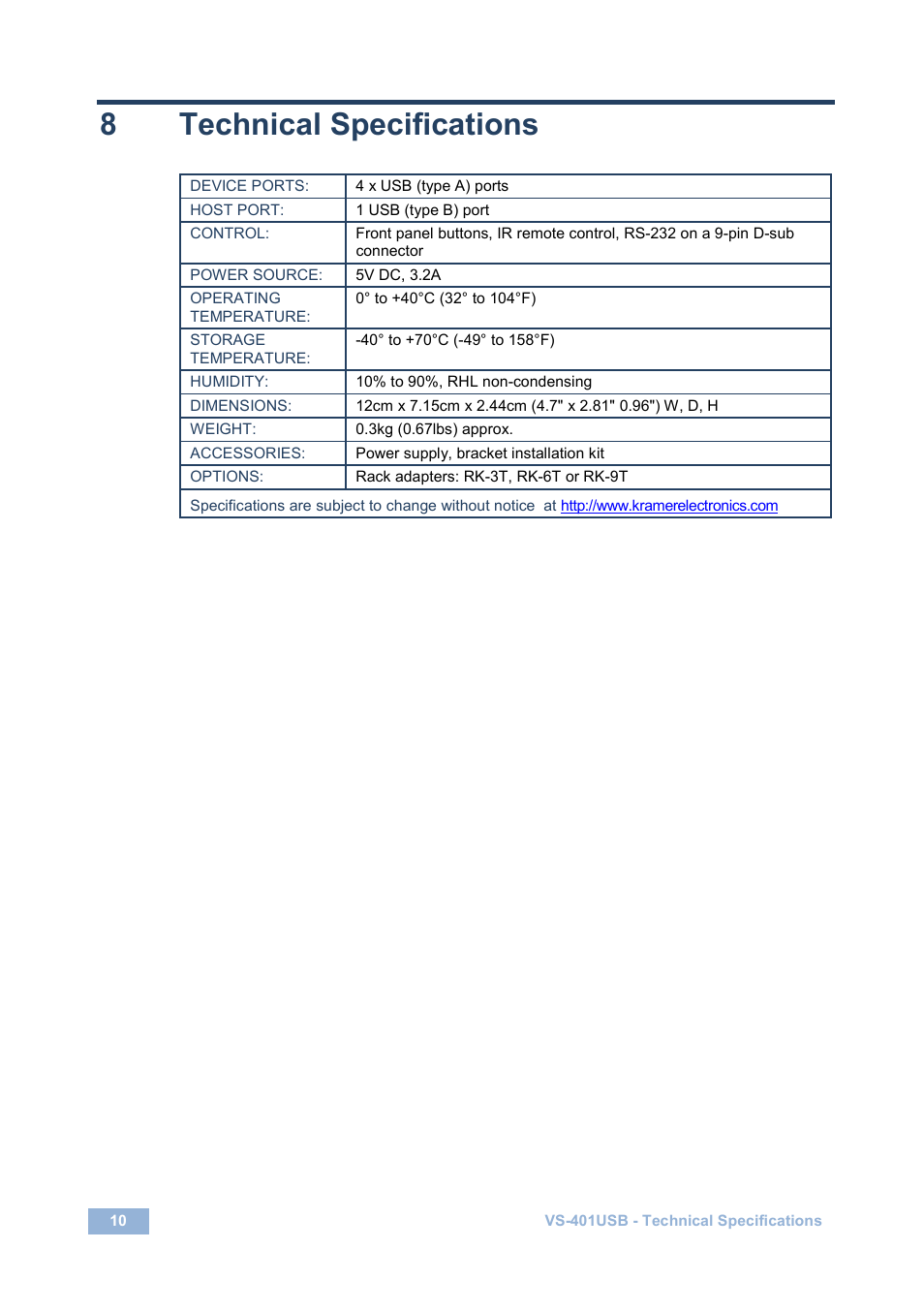 8 technical specifications, Technical specifications, 8technical specifications | Kramer Electronics VS-401USB User Manual | Page 13 / 22