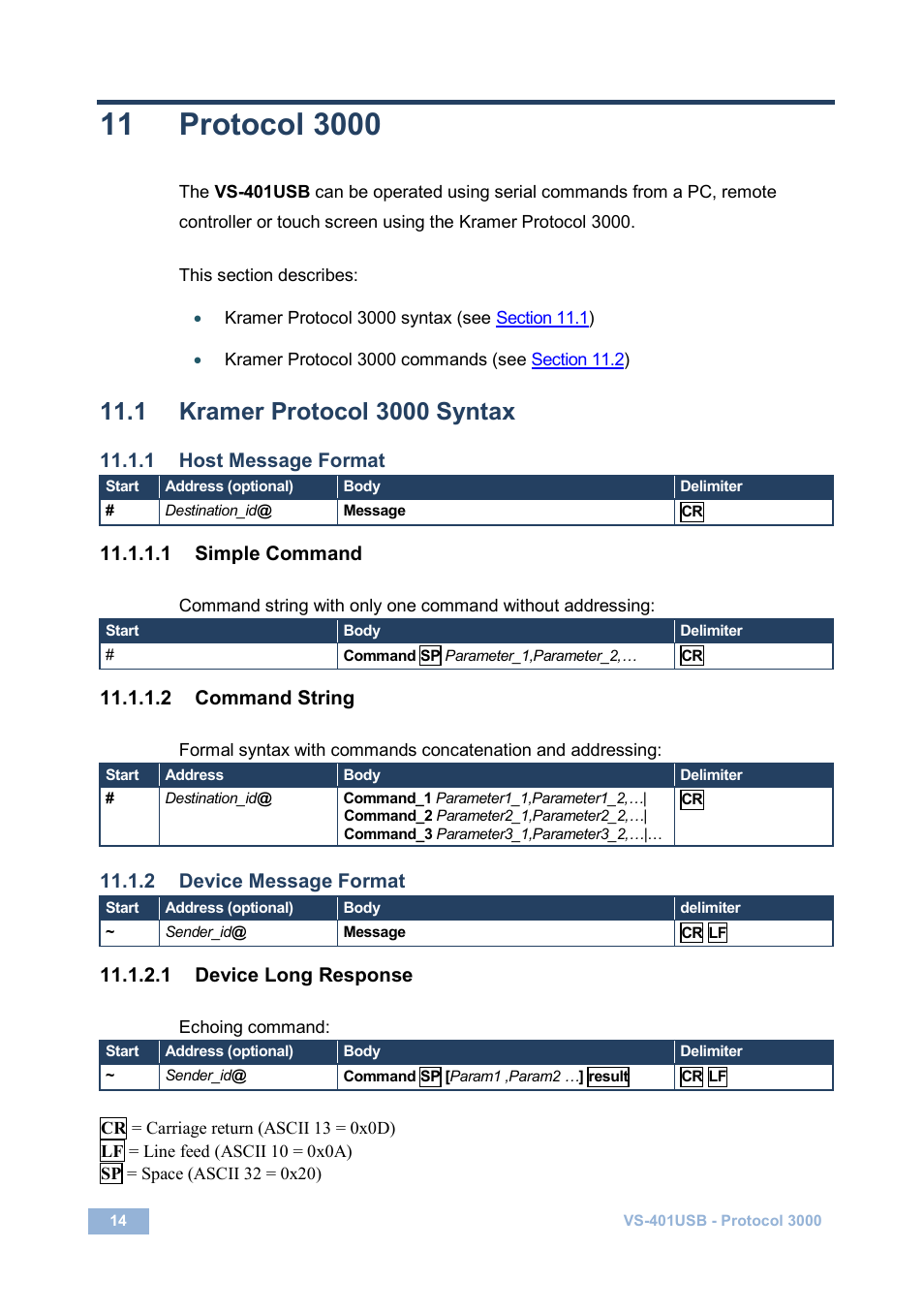 11 protocol 3000, 1 kramer protocol 3000 syntax, 1 host message format | 1 simple command, 2 command string, 2 device message format, 1 device long response, Protocol 3000, Kramer protocol 3000 syntax | Kramer Electronics VS-401USB User Manual | Page 17 / 22