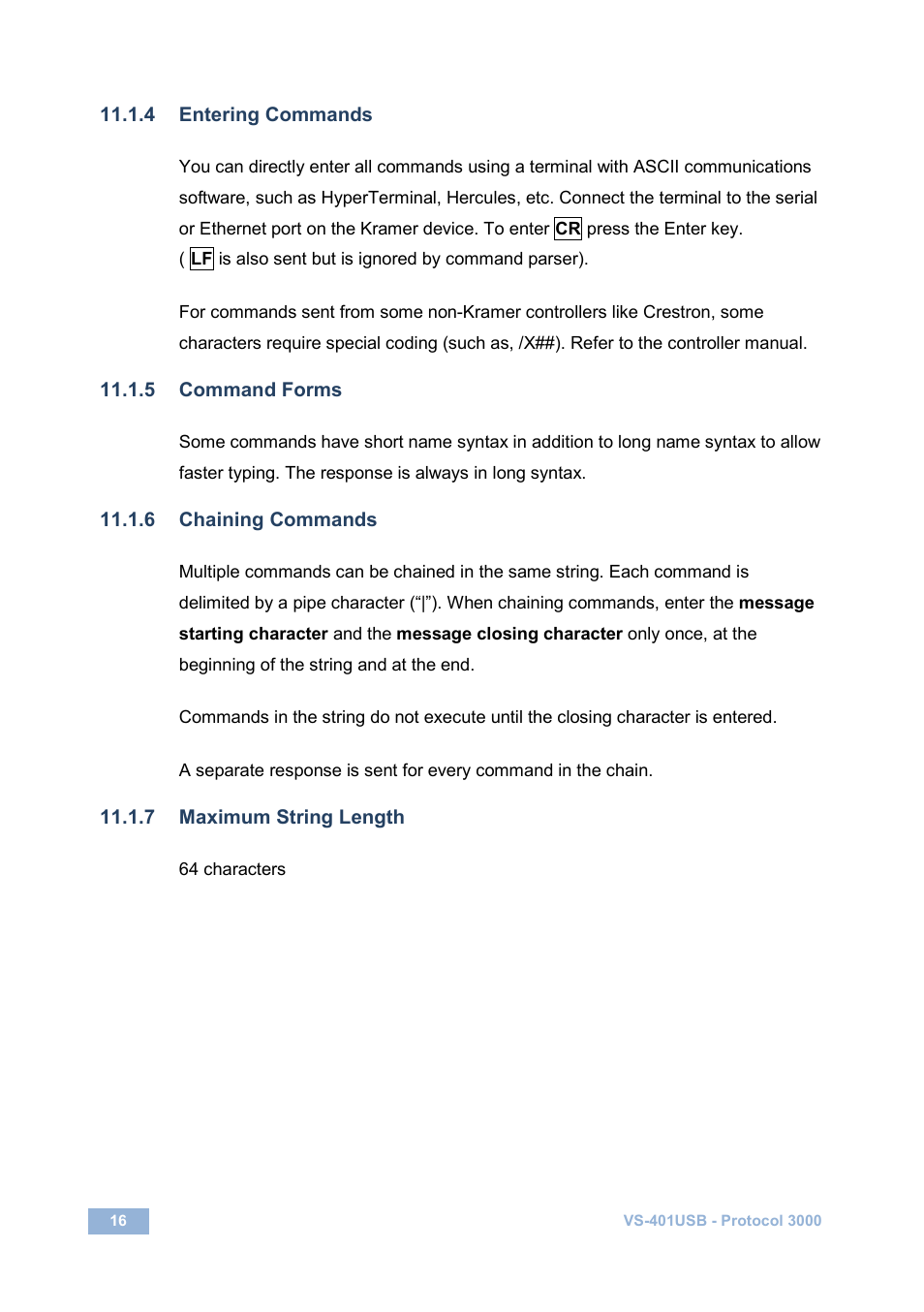 4 entering commands, 5 command forms, 6 chaining commands | 7 maximum string length | Kramer Electronics VS-401USB User Manual | Page 19 / 22