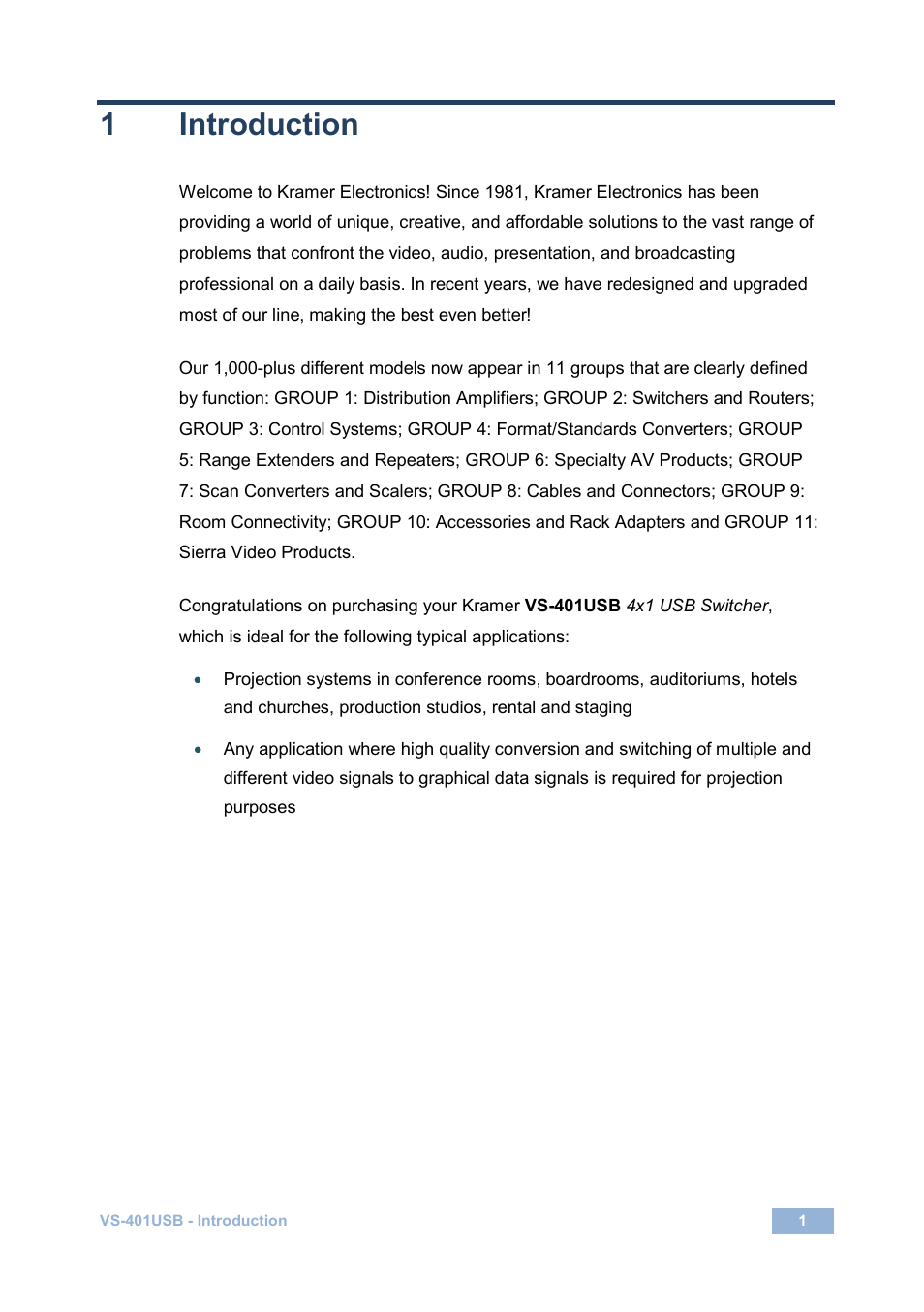 1 introduction, Introduction, 1introduction | Kramer Electronics VS-401USB User Manual | Page 4 / 22