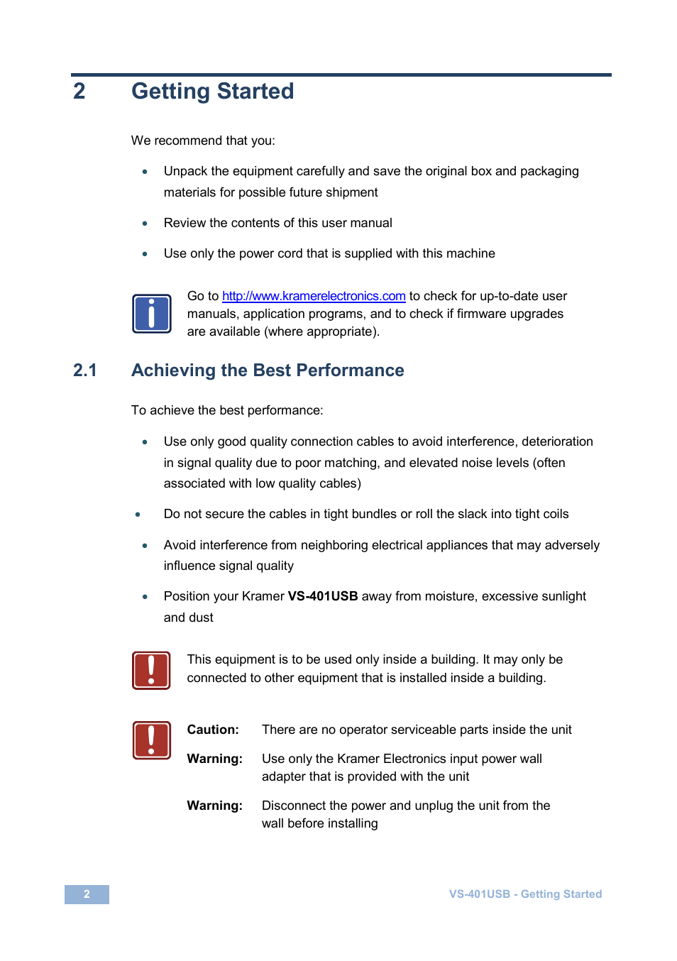 2 getting started, 1 achieving the best performance, Getting started | Achieving the best performance, 2getting started | Kramer Electronics VS-401USB User Manual | Page 5 / 22