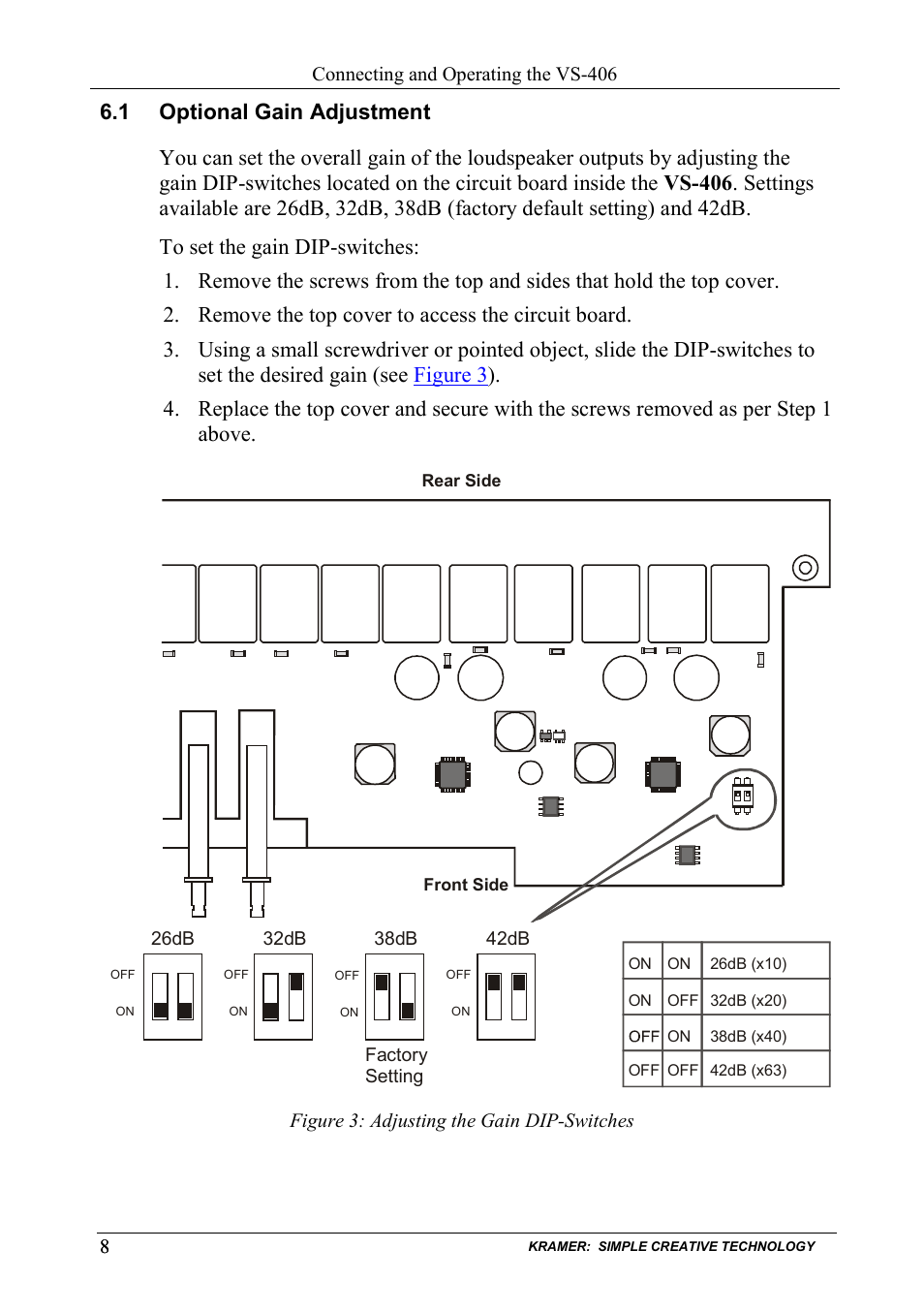 1 optional gain adjustment, Optional gain adjustment, Figure 3: adjusting the gain dip-switches | Kramer Electronics VS-406 User Manual | Page 10 / 13