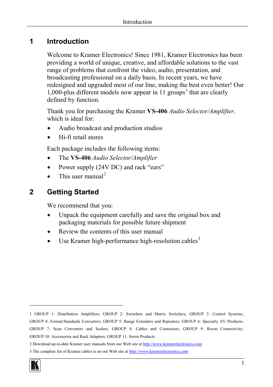 1 introduction, 2 getting started, Introduction | Getting started, 1introduction, 2getting started | Kramer Electronics VS-406 User Manual | Page 3 / 13