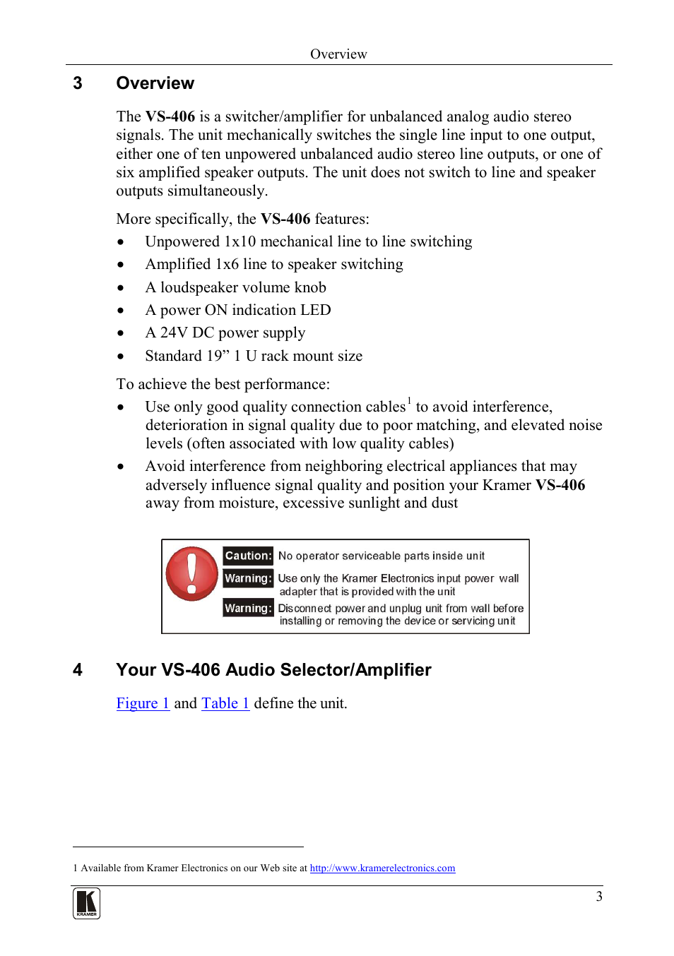 3 overview, 4 your vs-406 audio selector/amplifier, Overview | Your vs-406 audio selector/amplifier, 3overview, 4your vs-406 audio selector/amplifier | Kramer Electronics VS-406 User Manual | Page 5 / 13